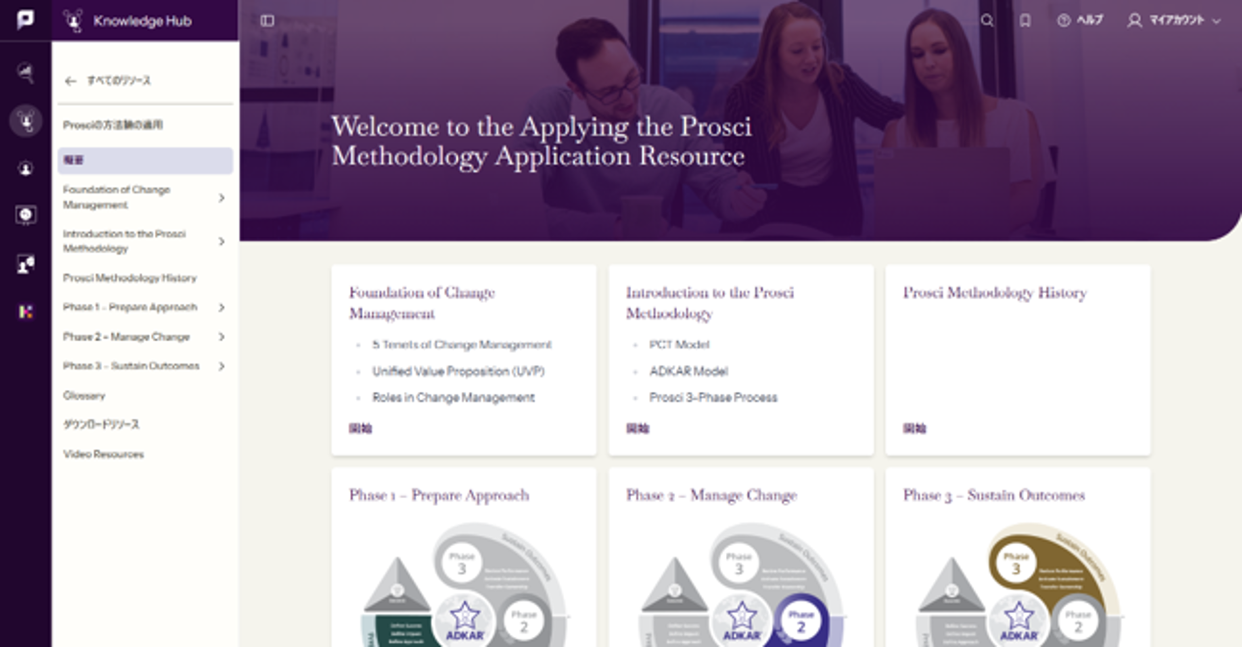 Knowledge Hub画面スクリーンショット：「Prosci Knowledge Hub——チェンジマネジメントの基本概念と実践テンプレートをトピック別に収録した知識・テンプレートポータル」