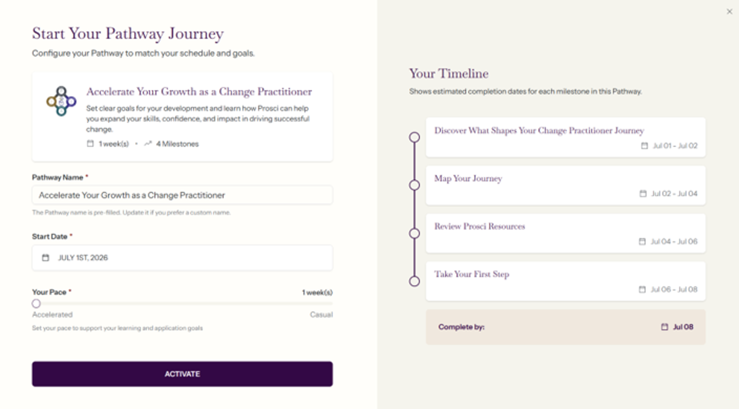 Pathways画面スクリーンショット：「Prosci Pathways——プロジェクトのフェーズに合わせてProsciの方法論適用をステップバイステップで支援する実践ガイド」