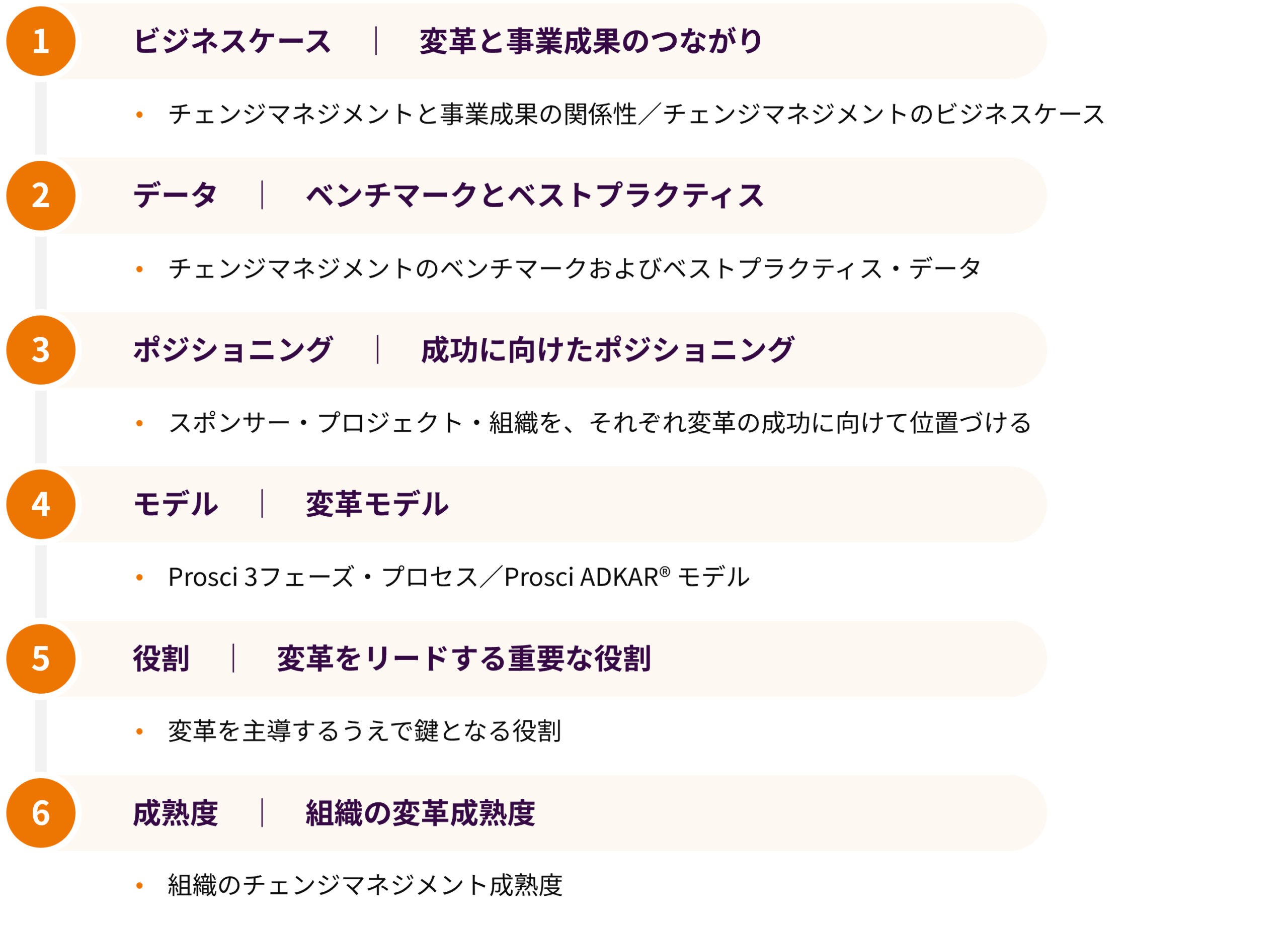 プログラム内容の図:「チェンジマネジメントスポンサー向けブリーフィング カリキュラム6モジュール — ビジネスケース・データ・ポジショニング・変革モデル・役割・組織成熟度」
プログラム内容の図:「チェンジマネジメントスポンサー向けブリーフィング カリキュラム6モジュール — ビジネスケース・データ・ポジショニング・変革モデル・役割・組織成熟度」