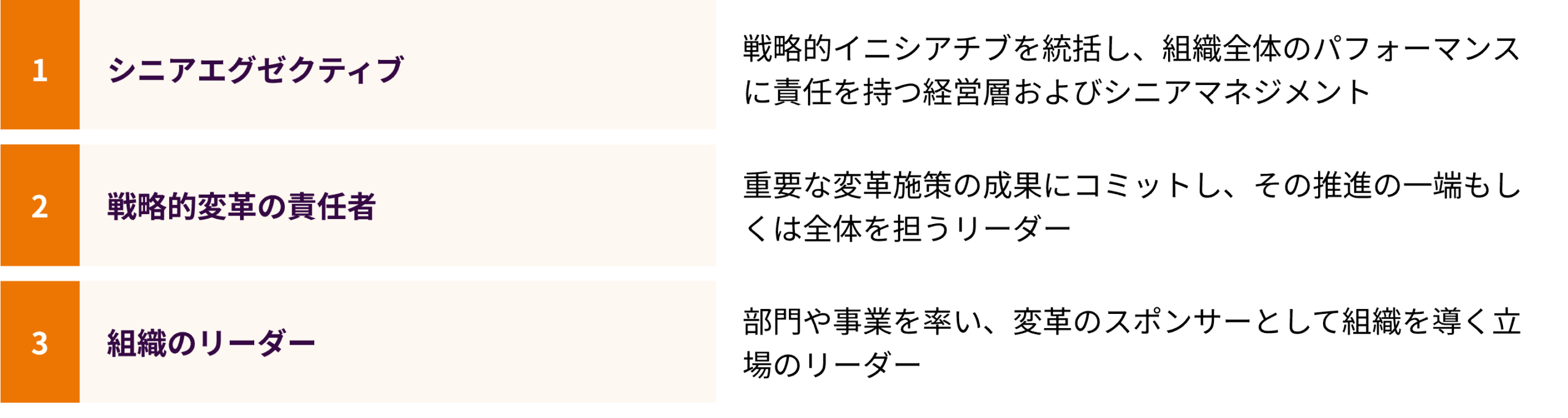 本プログラムの対象者3区分。シニアエグゼクティブ（戦略的イニシアチブを統括し組織全体のパフォーマンスに責任を持つ経営層）、戦略的変革の責任者（重要な変革施策の成果にコミットするリーダー）、組織のリーダー（部門や事業を率い変革のスポンサーとして組織を導く立場）