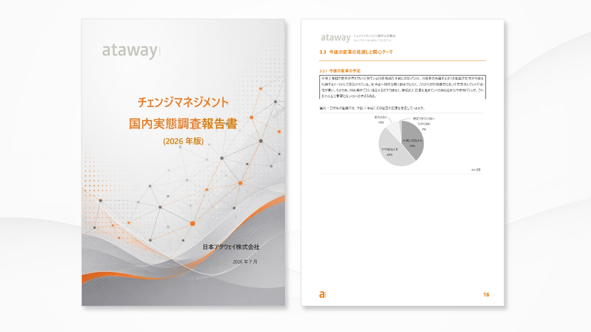 日本アタウェイ株式会社によるレポート「チェンジマネジメント国内実態調査報告書2026版-日本のチェンジマネジメントの現在地-」のモックアップカバー